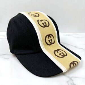 NWT Authentic Gucci  Wool Interlocking GG Stripe Baseball Hat M Black